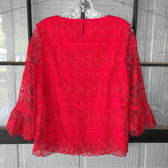 Talbots Petites lace top, bright red w/ see-through sleeves, zipper on left side - Picture 4 of 9